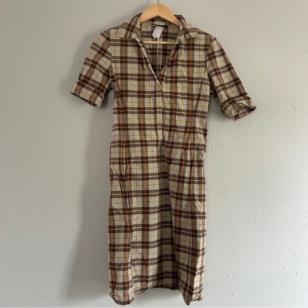Philippe Adec Vintage Plaid Mini Dress Casual Brown Tan Small 90s Retro
